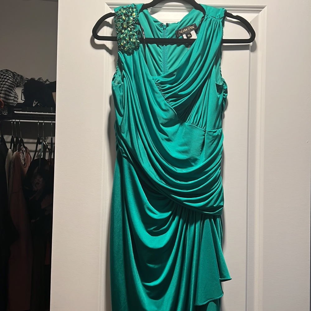 Tadashi Shoji Teal Draped Midi Dress with Beaded Shoulder
